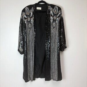 Cache Women’s Black Vintage Sequin & Beaded Open-Front Jacket W/Shoulder Pads